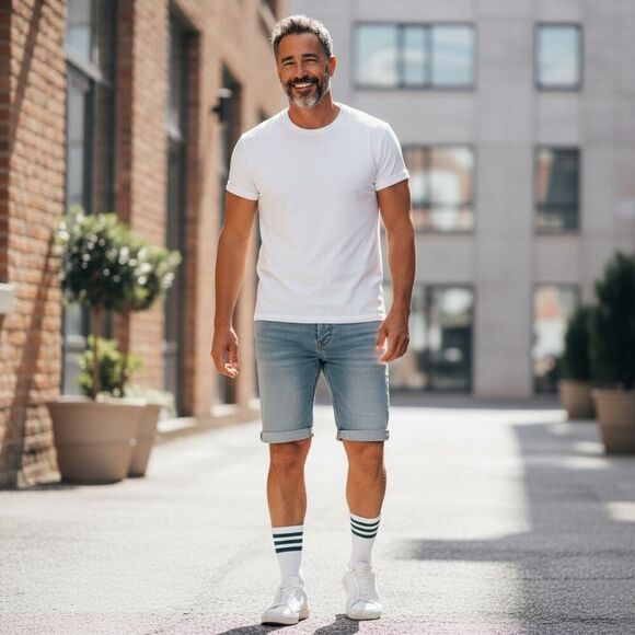 American Trench Navy Blue Vertical Nostalgic Stripe Crew Socks Unisex - Picture 3 of 3